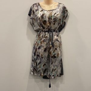 Uncle Frank Feather Print Short Dress in Gray, Brown, Teal